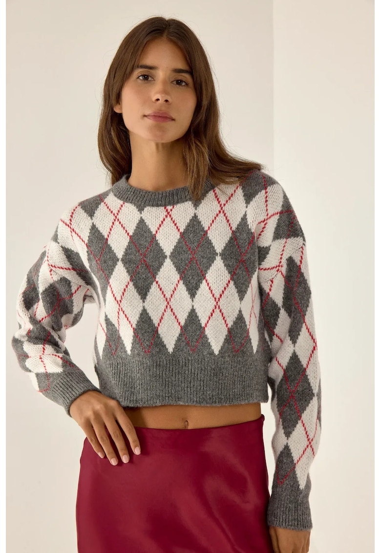 Pulover scurt - guler rotund - maneci cazute - alb/gri - acril-poliester