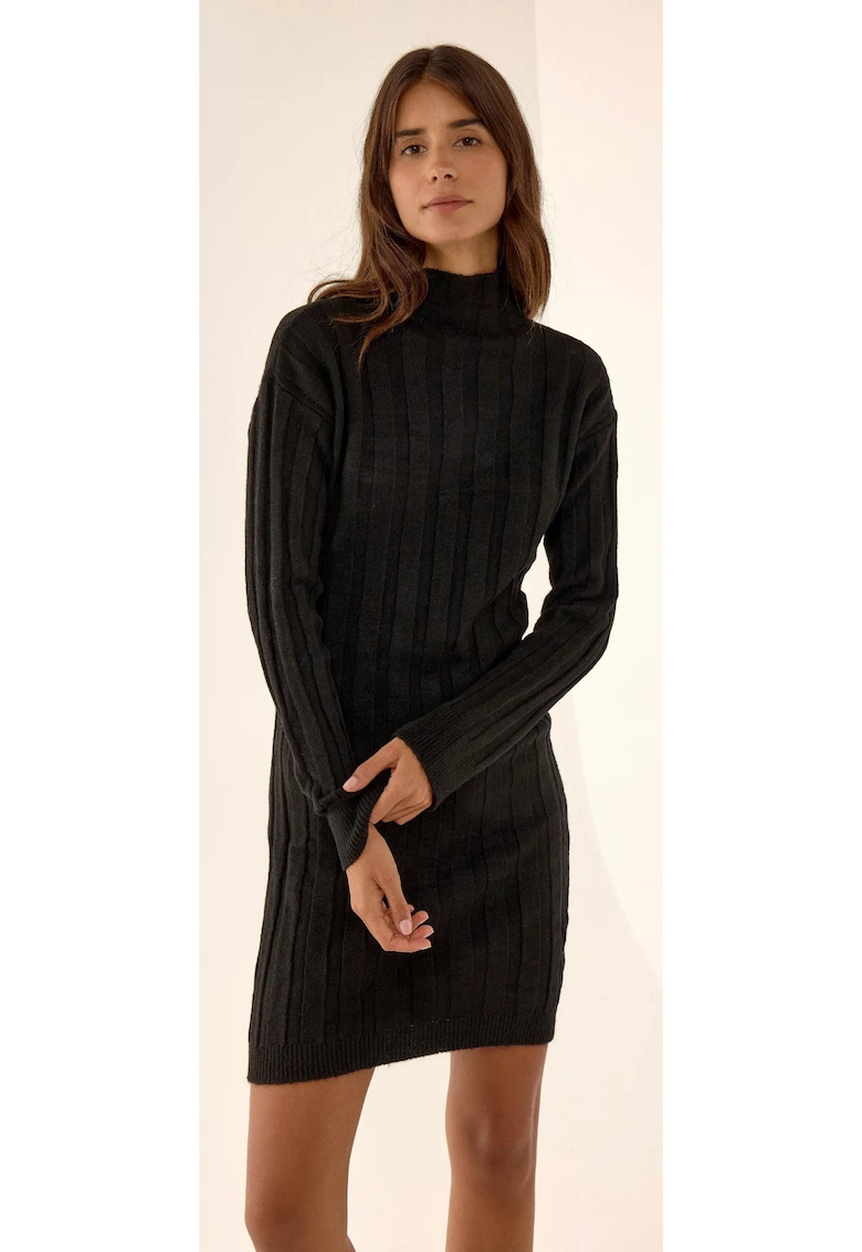 Rochie mini - tricotata texturata - neagra - amestec bumbac-poliester