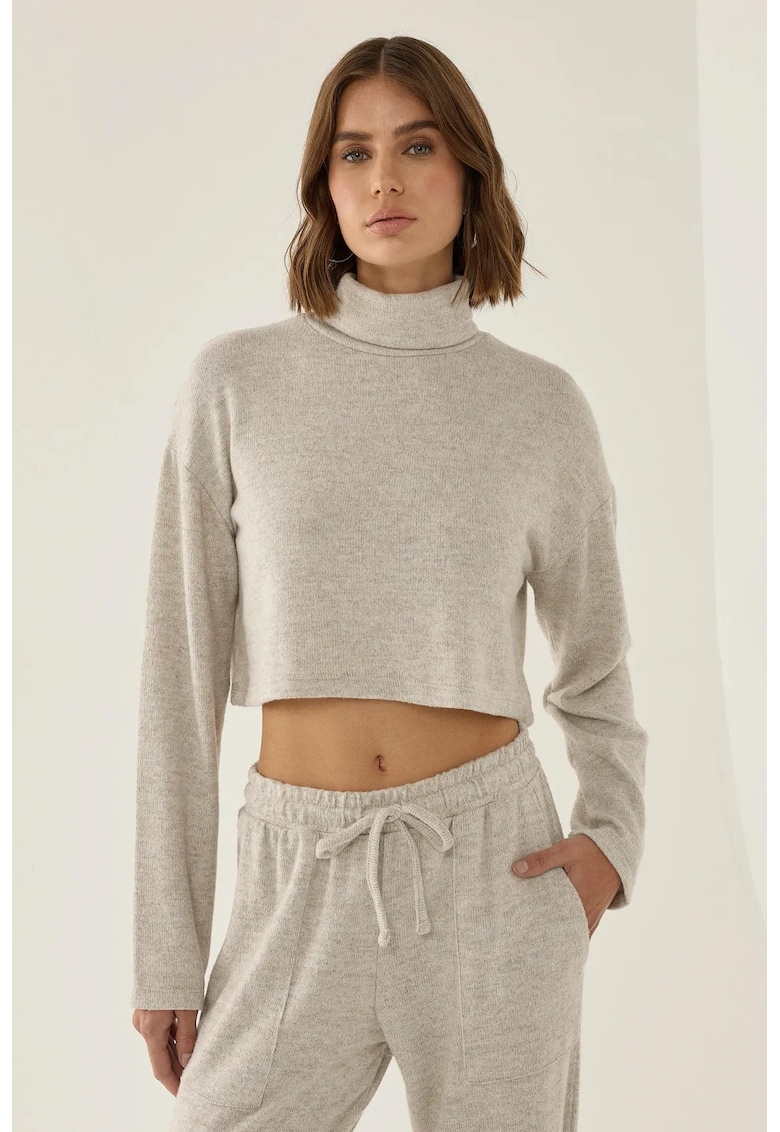 Pulover dama texturat - guler inalt - scurt - natural - poliester