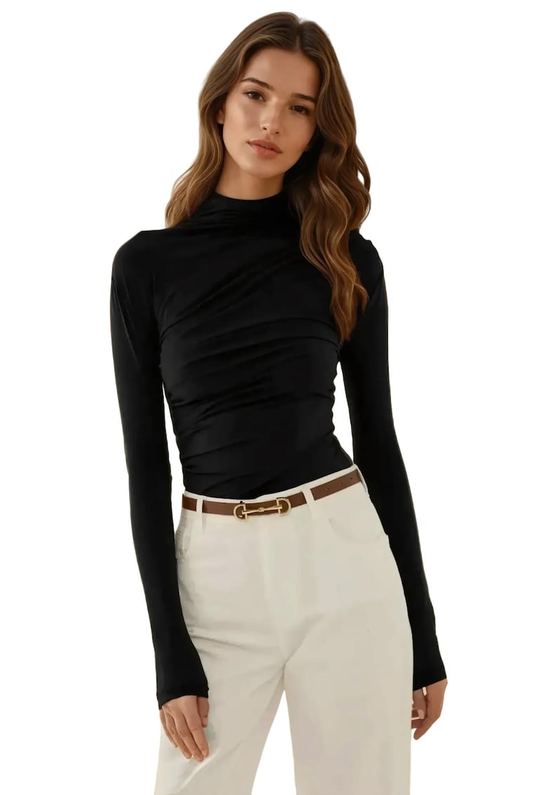 Bluza dama - guler inalt - detaliu drapat - negru - poliester