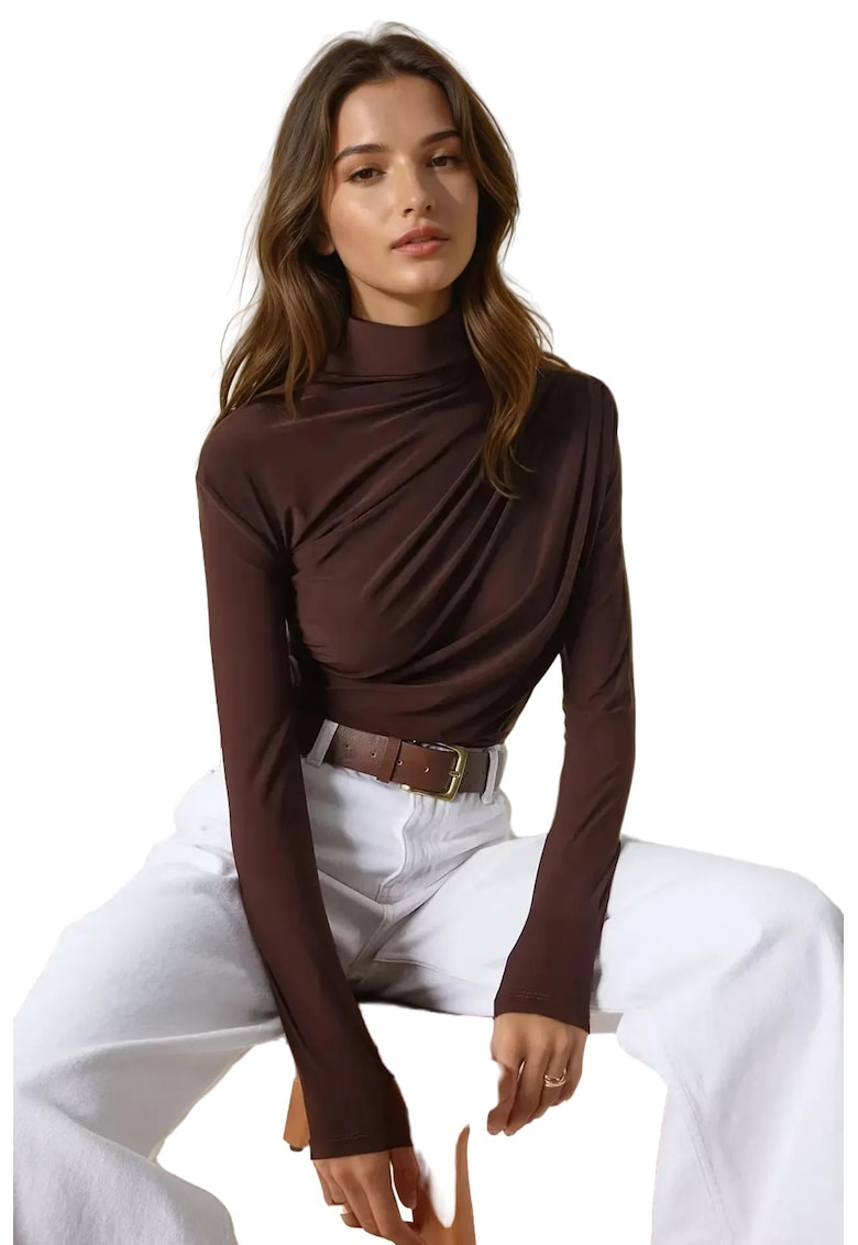 Bluza dama - guler inalt - detaliu drapat - maro - poliester
