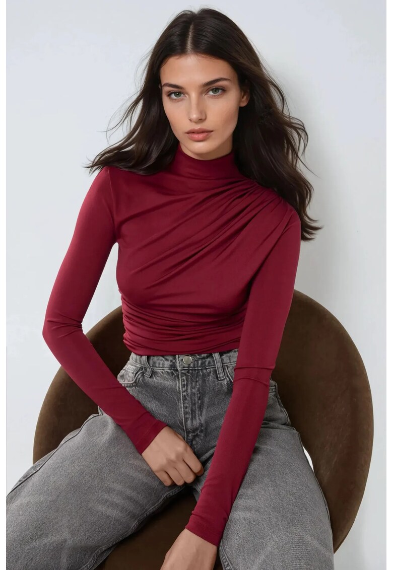 Bluza dama - guler inalt - detaliu drapat - rosu - poliester