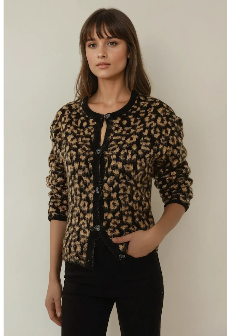 Pulover dama -  cardigan tricotat - imprimeu leopard - croiala lejera - maro - tricot