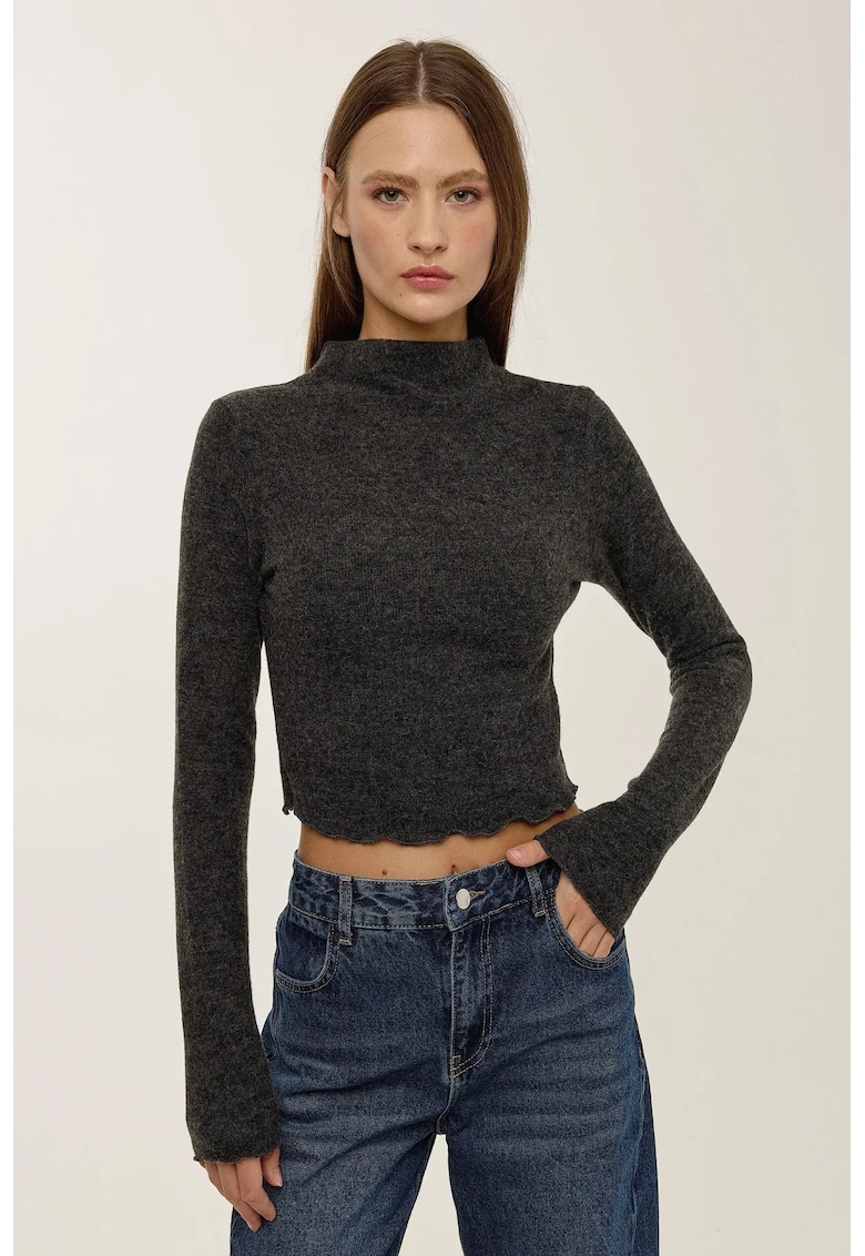 Bluza dama - texturata - guler inalt - gri - acril