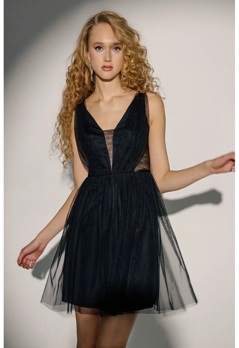 Rochie mini skater - decolteu in V - panouri - neagra - tul