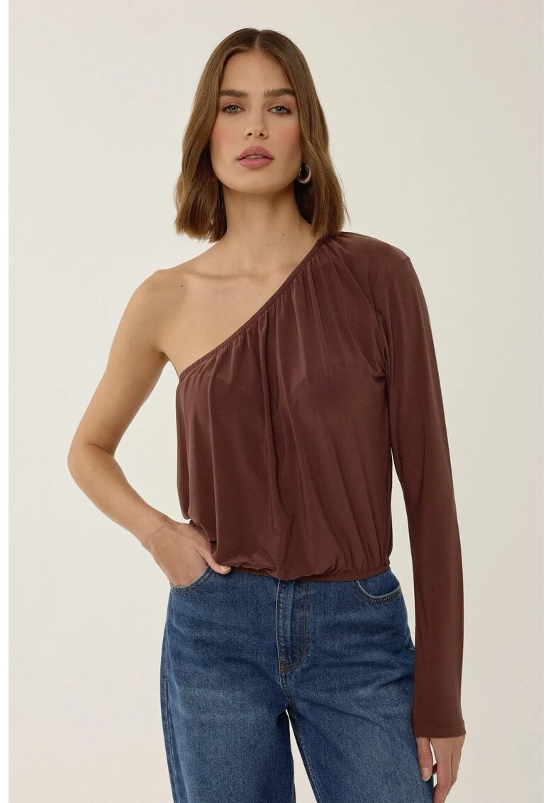 Bluza dama - asimetrica - cu guler incretit - maro - poliester