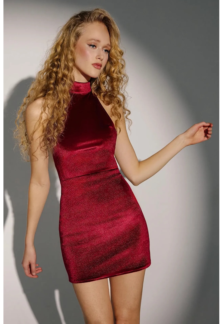 Rochie mini mulata catifea - guler halter - rosu - jerseu
