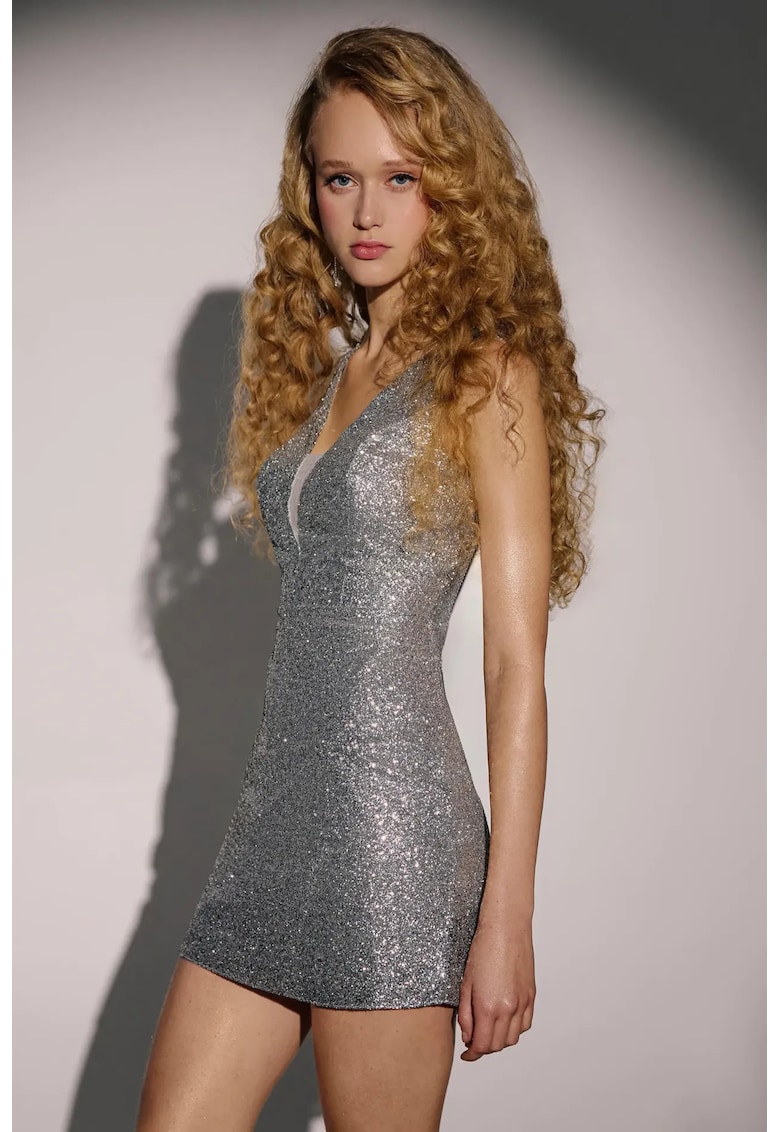 Rochie mini - mulata - cu sclipici - gri - jerseu