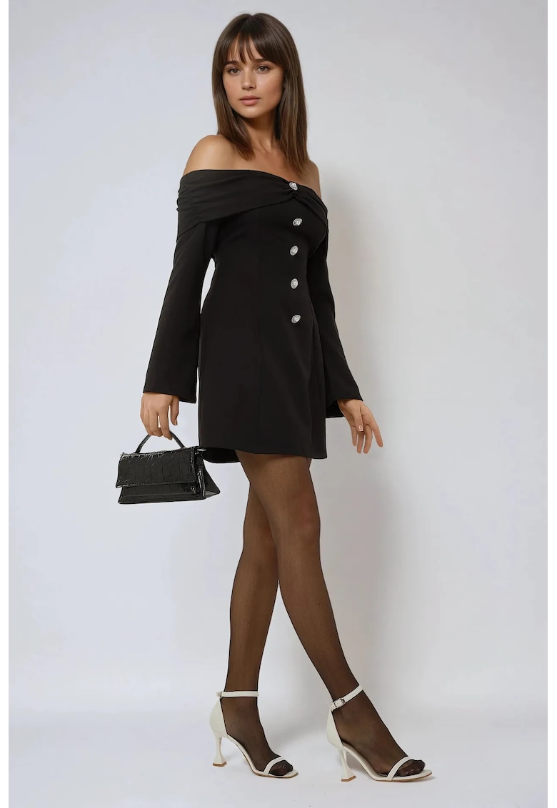 Rochie mini umeri goi - nasturi - negru - elastan-poliester
