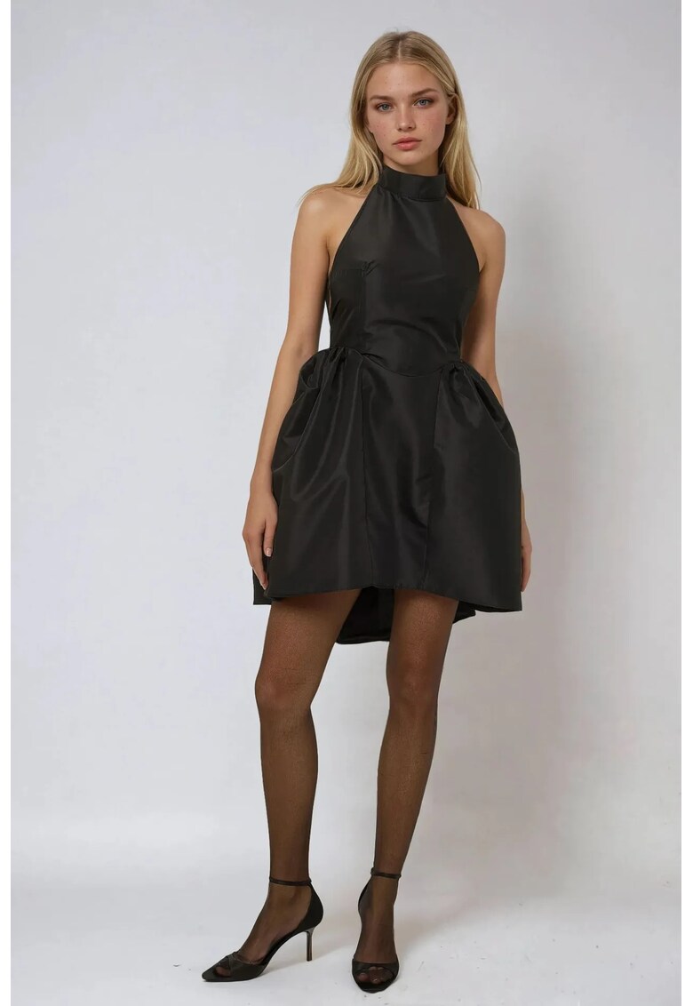 Rochie mini - decolteu halter - detalii incretite - negru - poliester