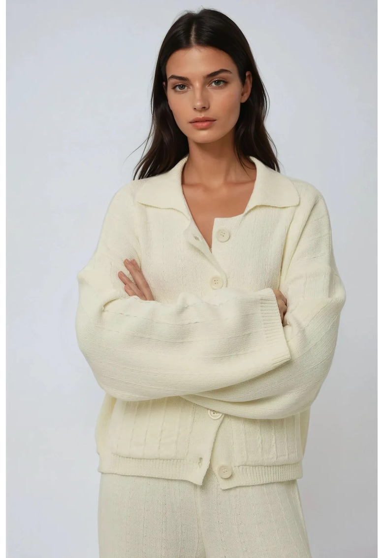 Pulover dama -  cardigan tricotat texturat cu nasturi - natural - acril