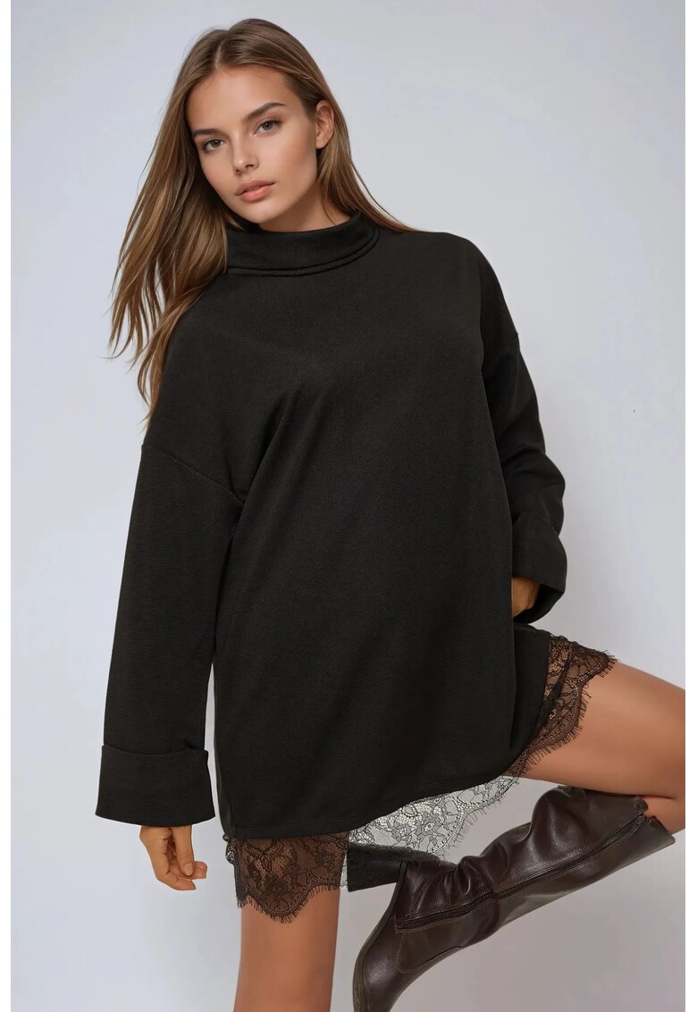Rochie mini - guler inalt - detalii din dantela - negru - jerseu