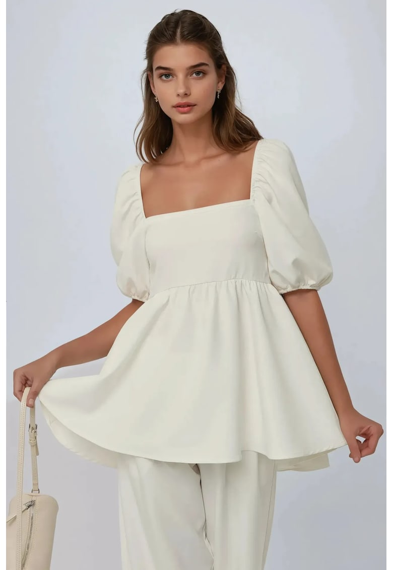 Bluza dama - model balon cu guler patrat - bej - material textil