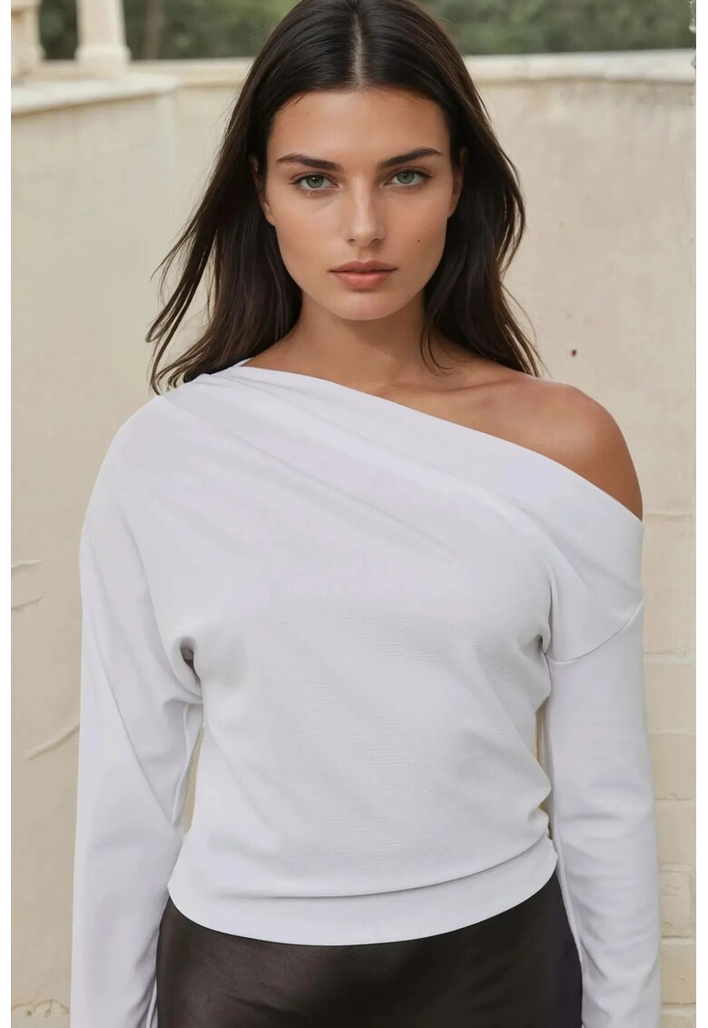 Bluza dama asimetrica - cu drapat - alb - poliester
