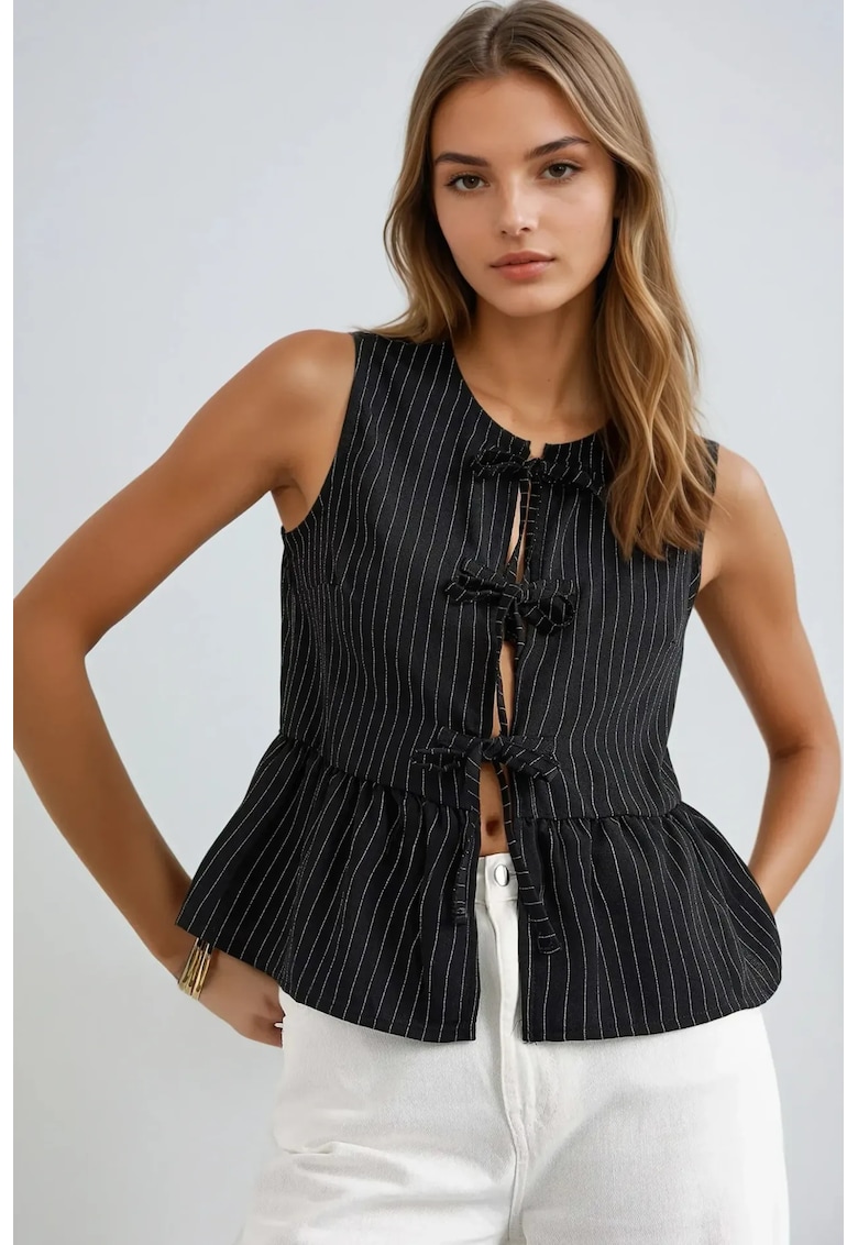 Bluza dama - fara maneci - guler rotund - dungi - negru - poliester