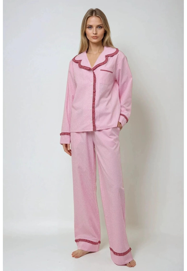 Set pijamale dama carouri - guler camasa - roz - bumbac si poliester