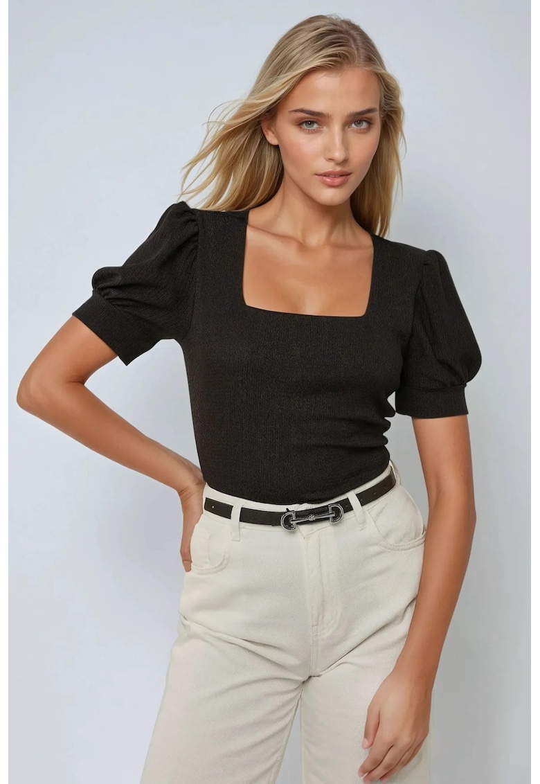 Bluza dama - texturata - guler patrat - negru - bumbac