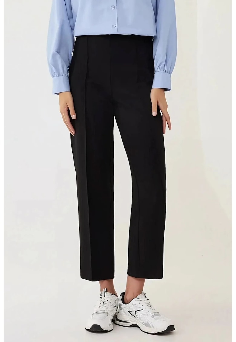Pantaloni de costum - talie inalta - croiala dreapta - negri - poliester