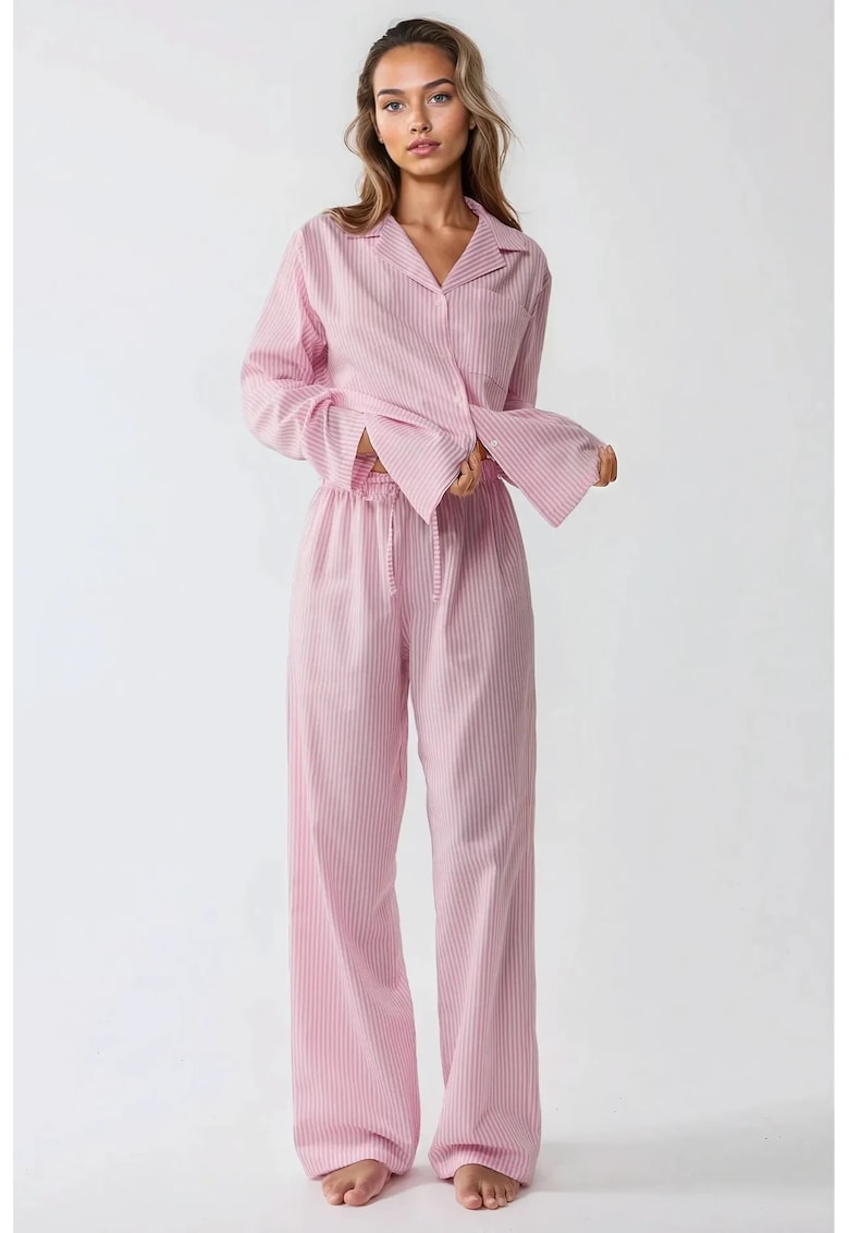 Set pijamale bumbac cu dungi - roz - maneci lungi - guler clasic