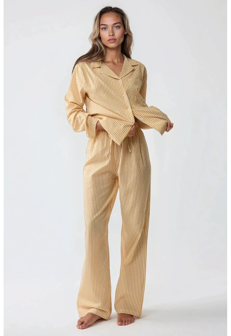 Set pijamale bumbac cu dungi - galben - maneci lungi - guler clasic