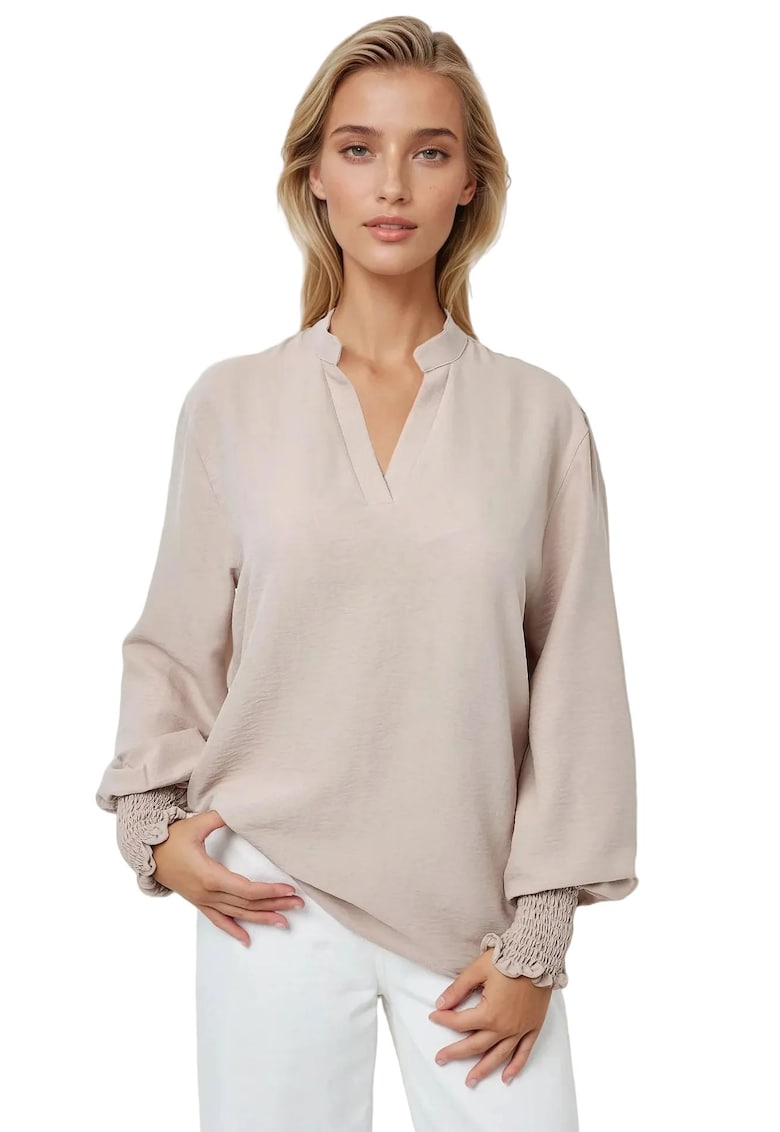 Bluze dama - bluza cu maneca lunga - decolteu in V - bej - bumbac