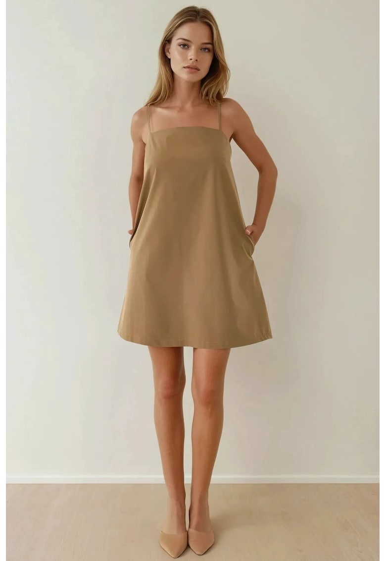 Rochie mini decolteu patrat - buzunare - maro - textil