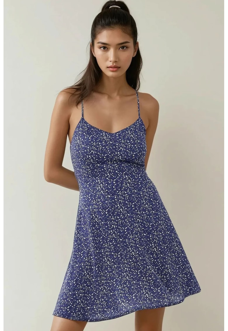 Rochie mini - floral - decolteu in V - albastru - jerseu