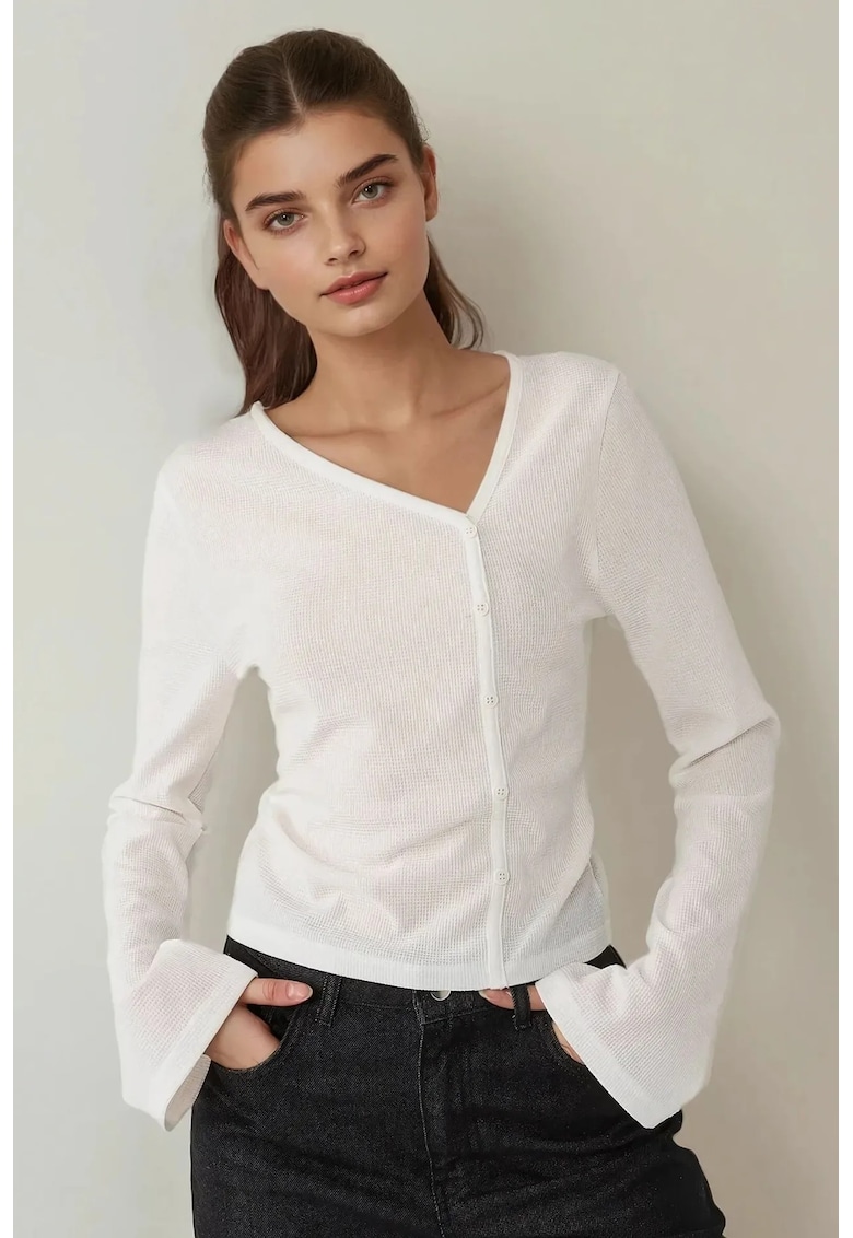 Bluza dama - tip waffle texturata - decolteu asimetric - alb - jerseu
