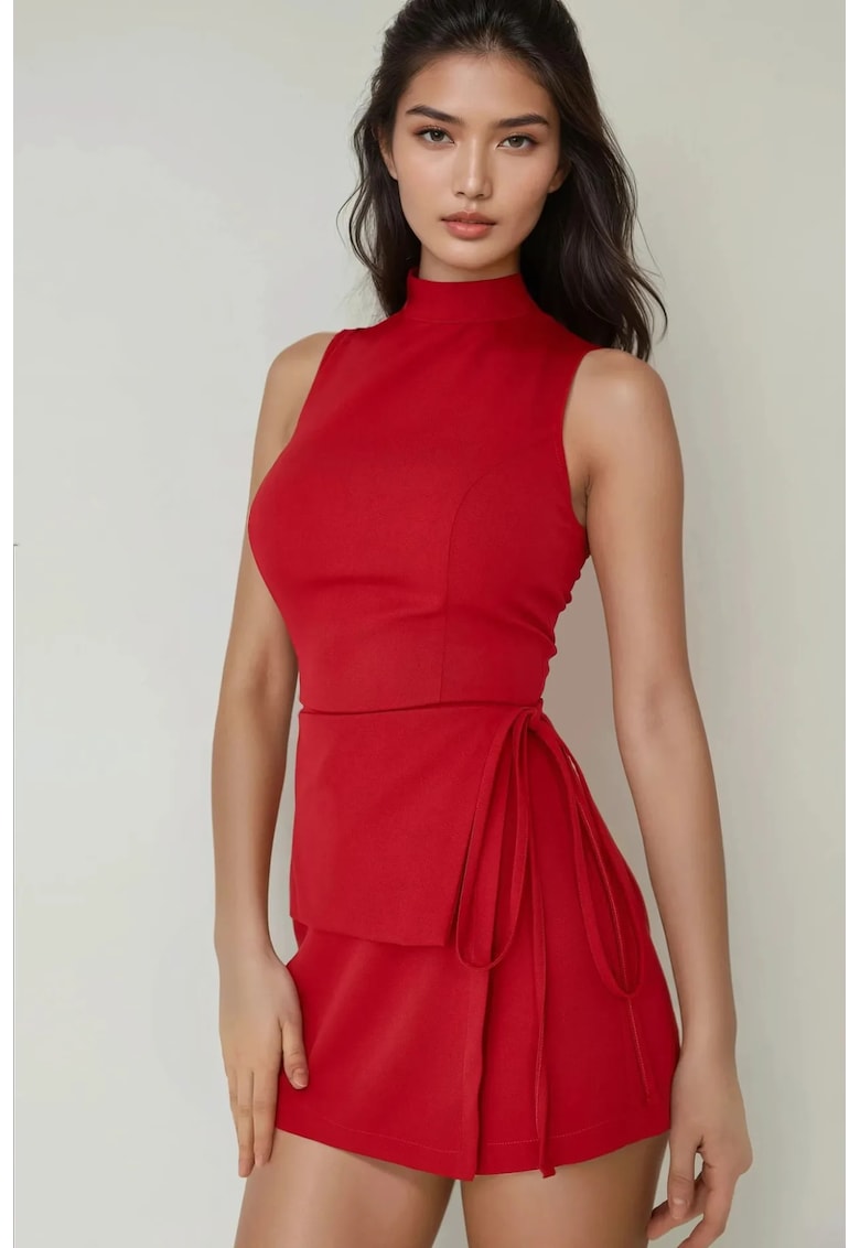 Rochie mini - mulata cu guler rotund si detalii de legaturi - rosie - bumbac