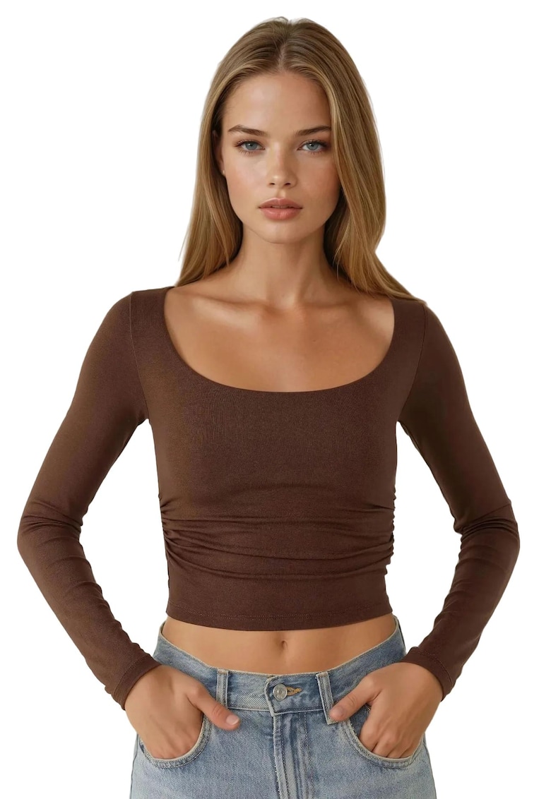 Bluza dama - slim fit - guler rotund - scurta - maro - viscoza