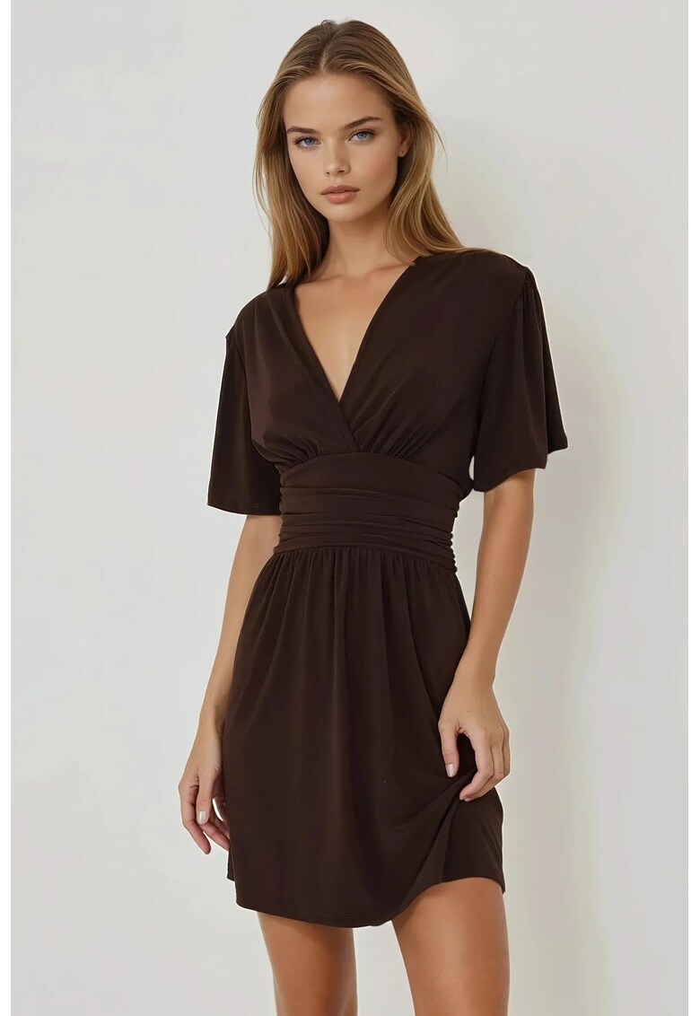 Rochie mini - decolteu in V - maro - jerseu - Maro