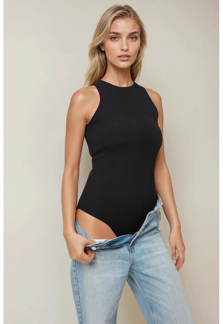 Body texturat guler halter - croiala slim fit - negru - jerseu