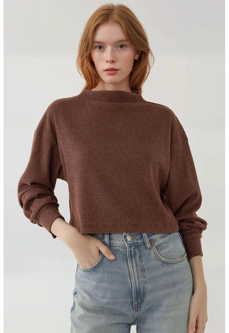 Bluza dama texturata - decolteu tip barca - maro - jerseu poliester