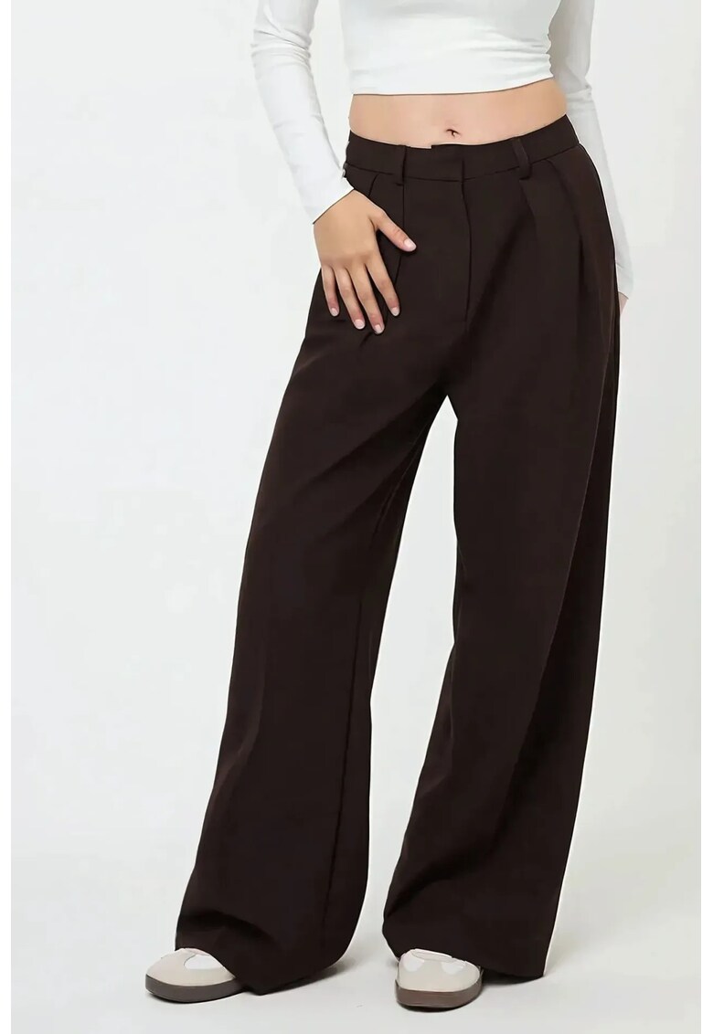 Pantaloni dama - cu talie inalta - croi larg - maro - bumbac