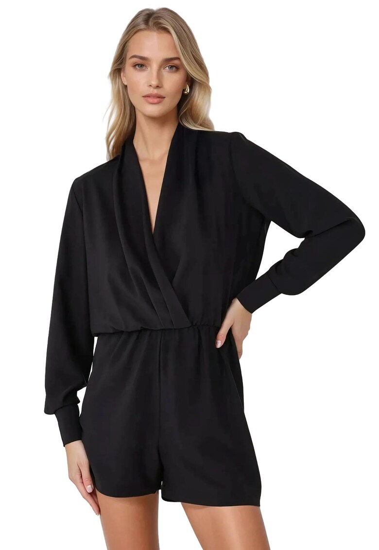 Salopeta dama - Mini - Decolteu adanc in V - Negru - Textil