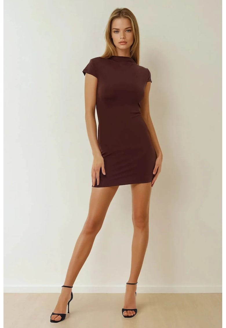 Rochie mini mulata - guler rotund - maro - jerseu