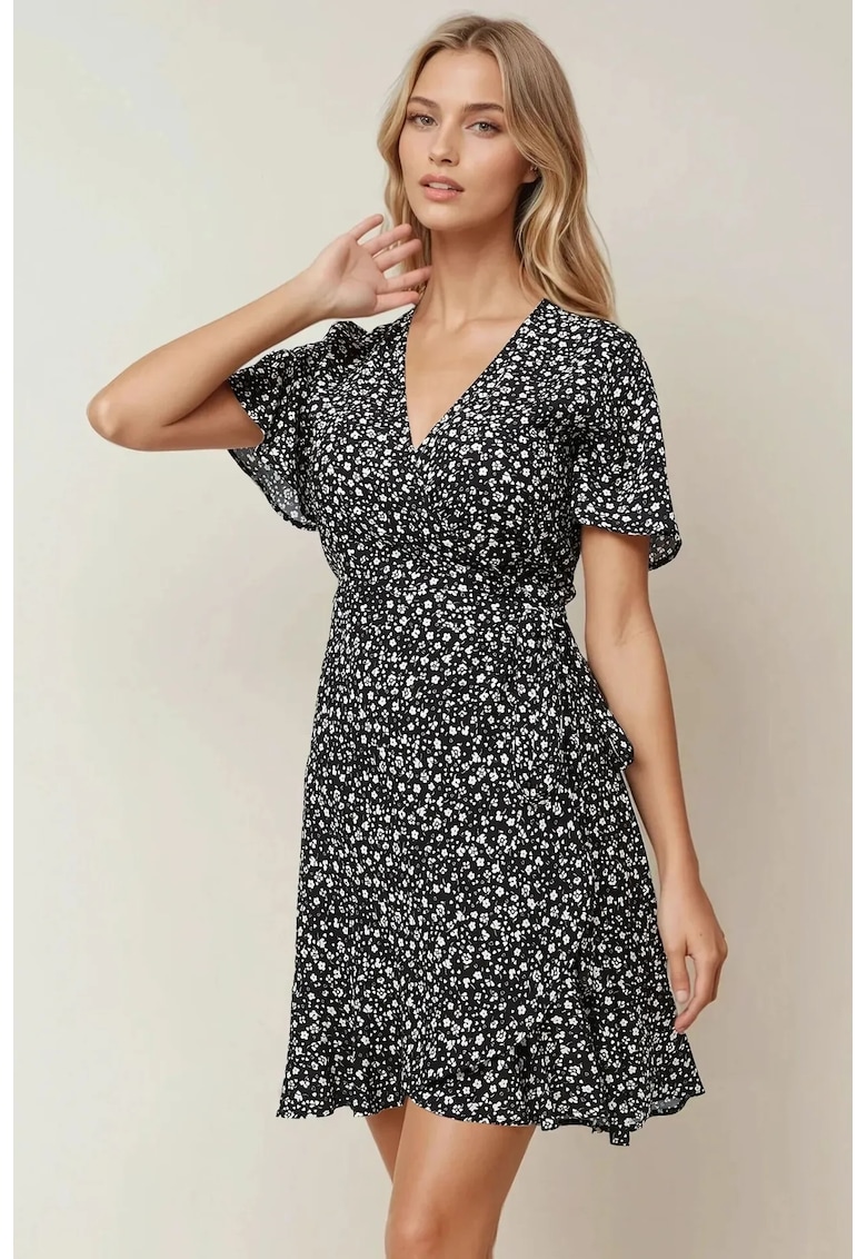 Rochie mini - decolteu in V - negru - jerseu