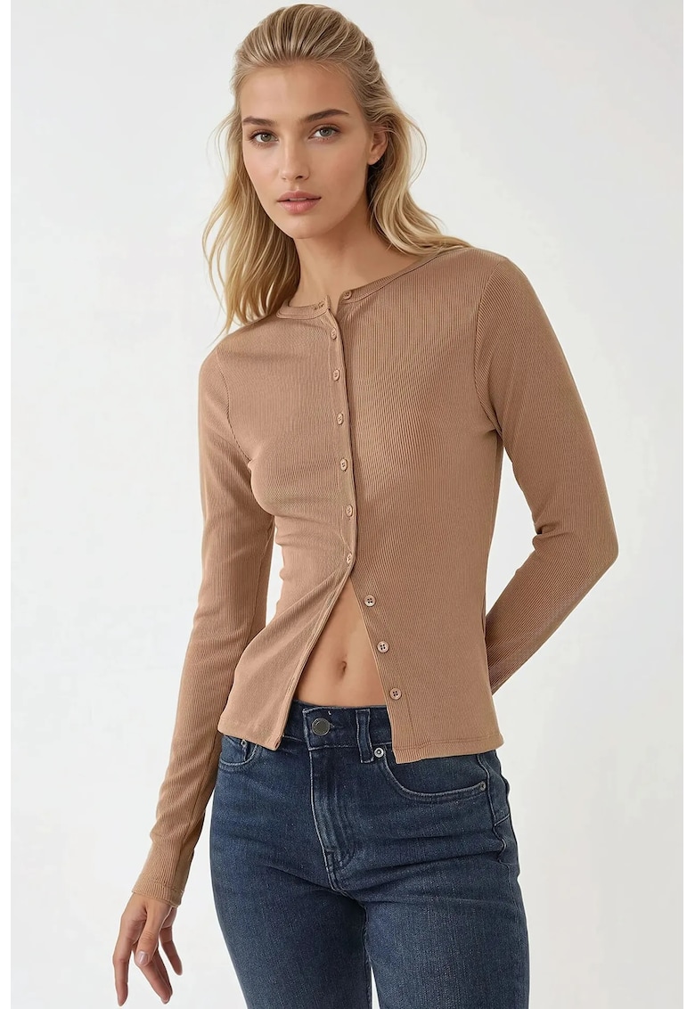 Bluza tricotata texturata - slim fit - maneca lunga - maro - jerseu