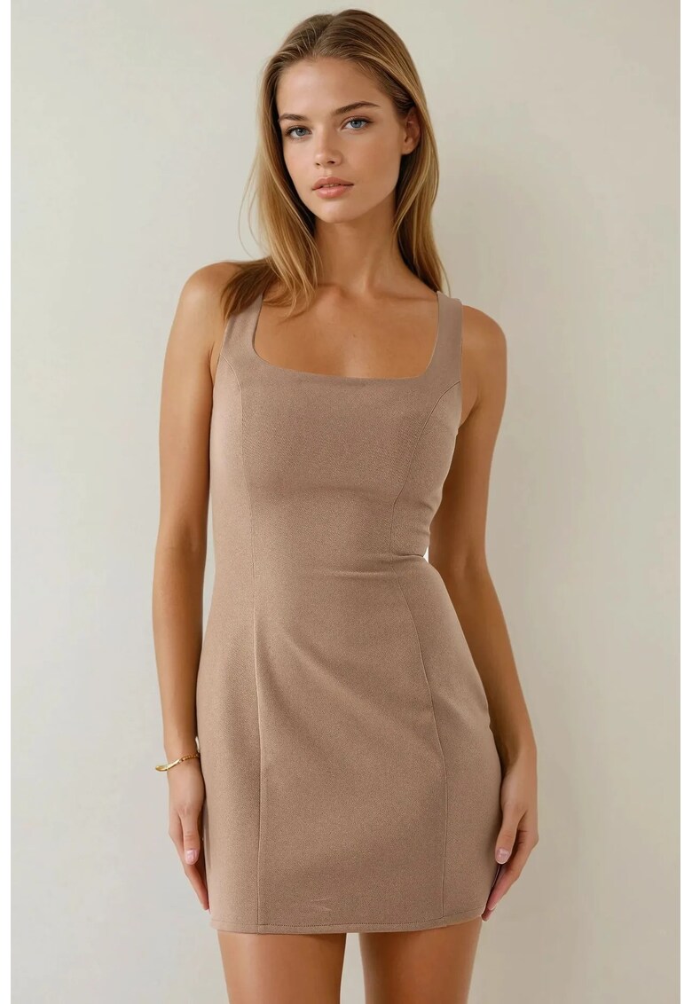 Rochie mini - mulata - decolteu patrat - bej - jerseu