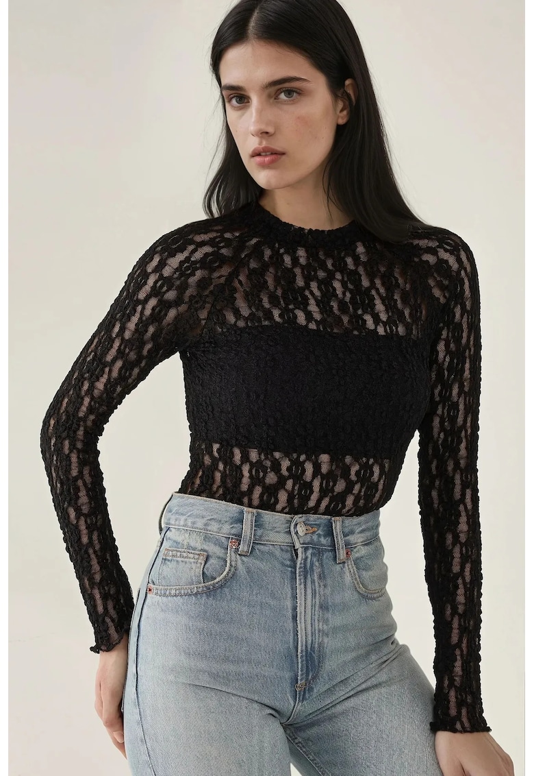 Bluza dama - din dantela ghipura - slim fit - neagra - jerseu