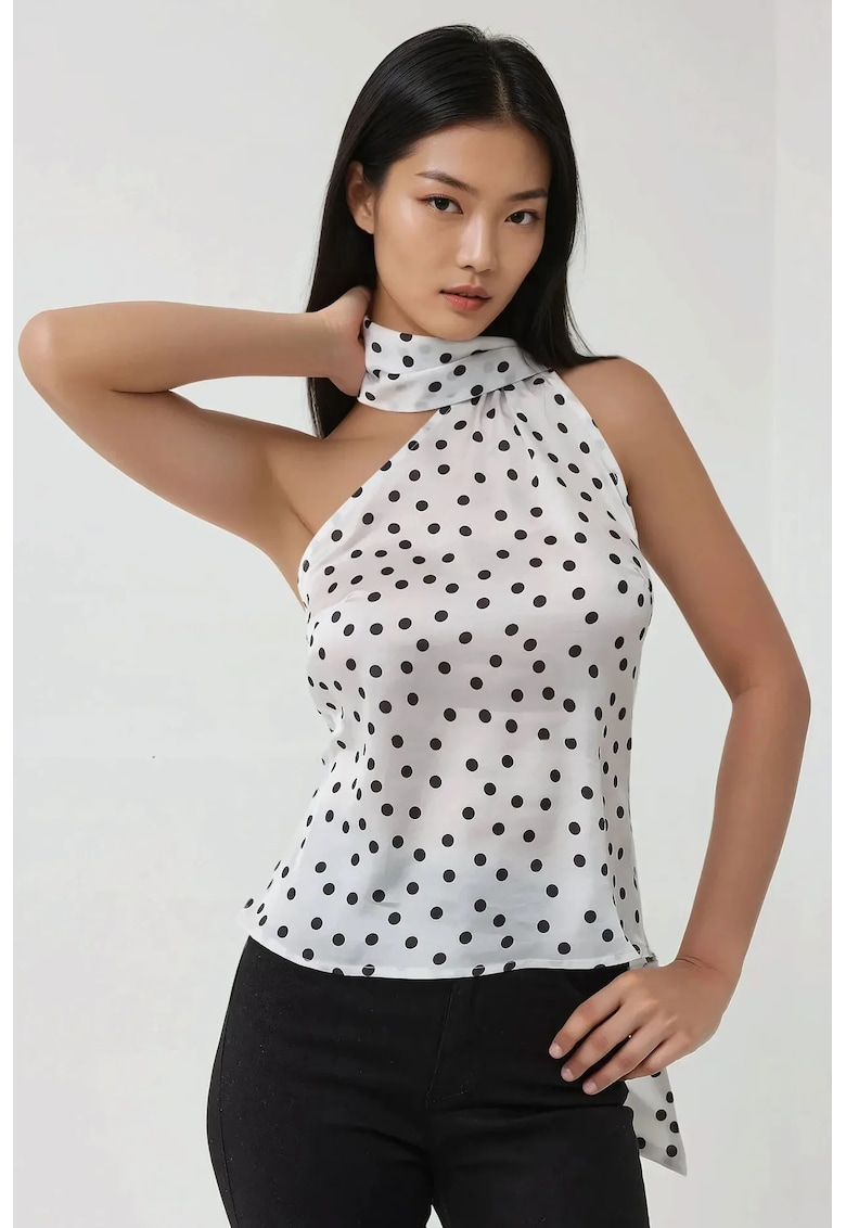 Bluza dama - satin imprimat - guler asimetric - alb