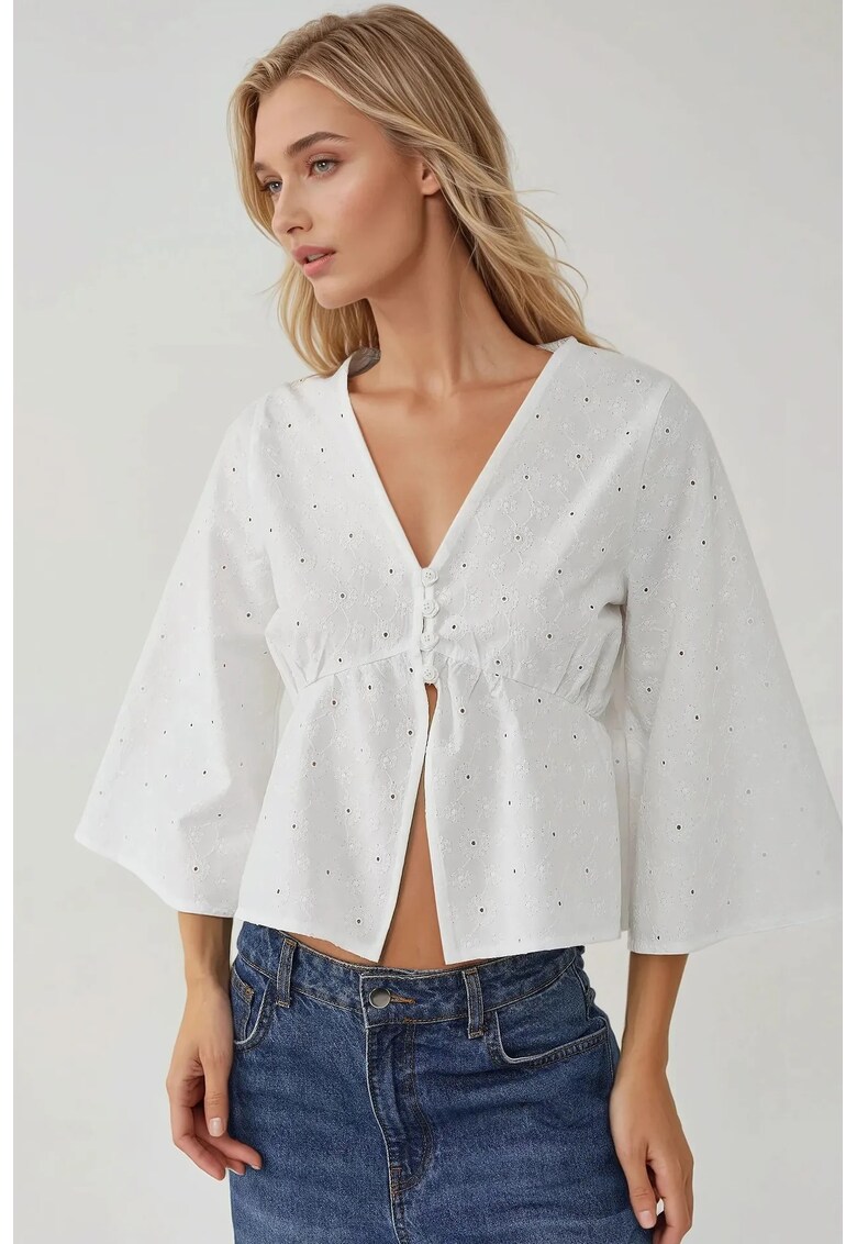 Bluza dama - scurta texturata - decolteu in V - alb - textil