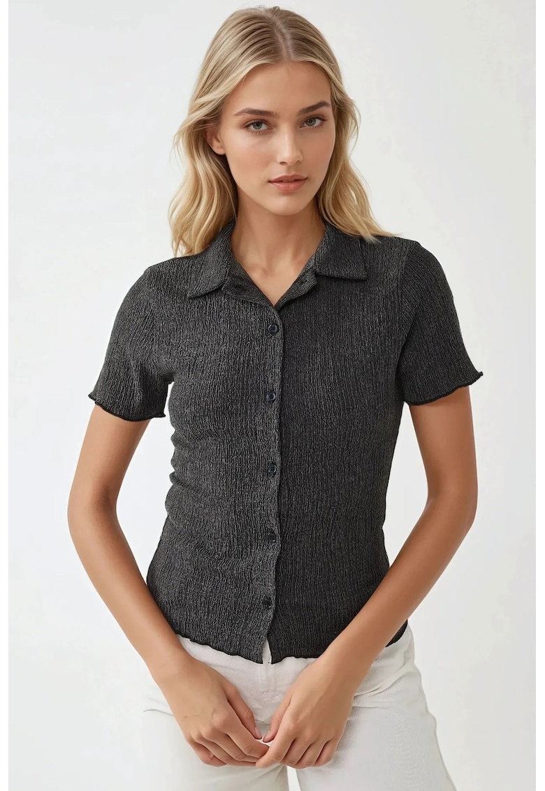 Bluza dama texturata - maneca scurta - guler camasa - gri - jerseu