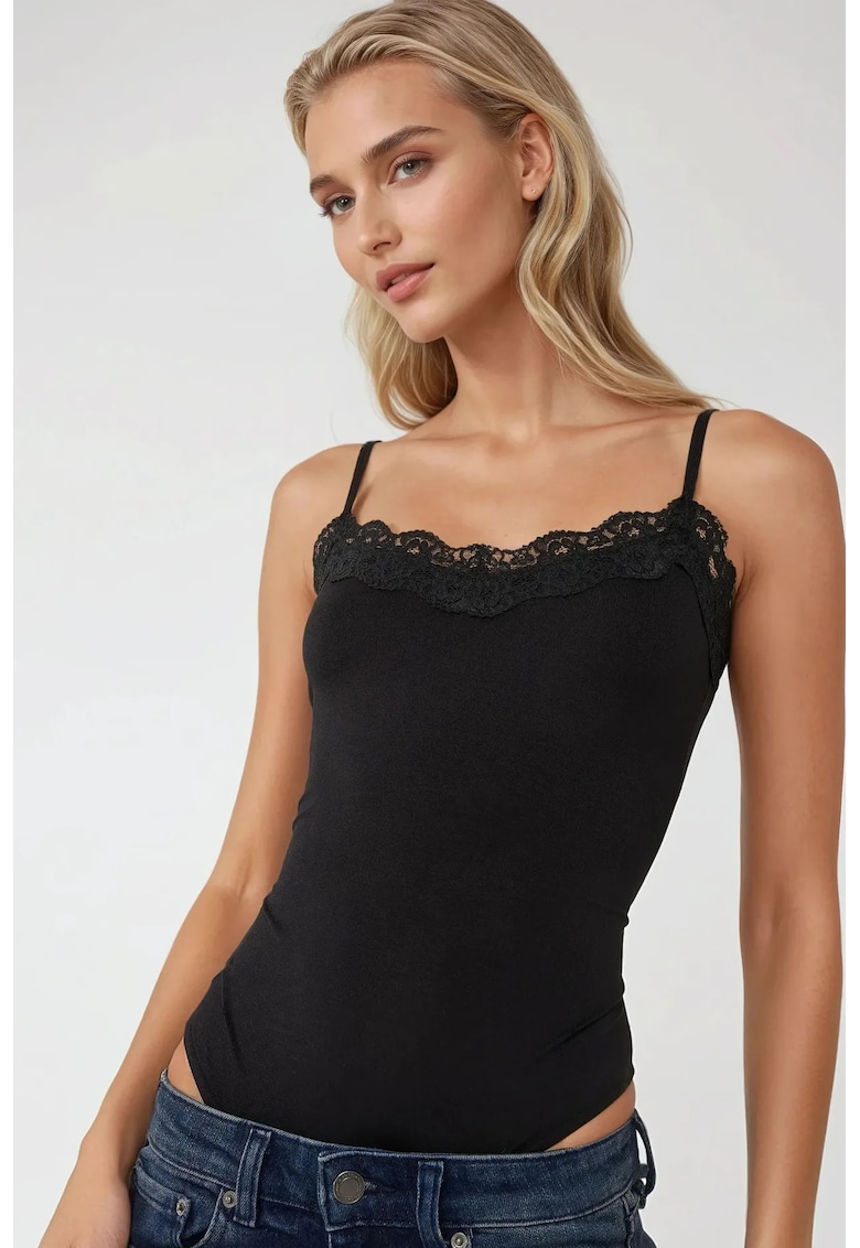 Body slim fit decolteu in V - dantela - negru - jerseu