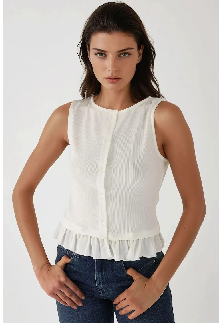 Bluza dama - texturata - cu guler rotund si volane - Alb - Jerseu