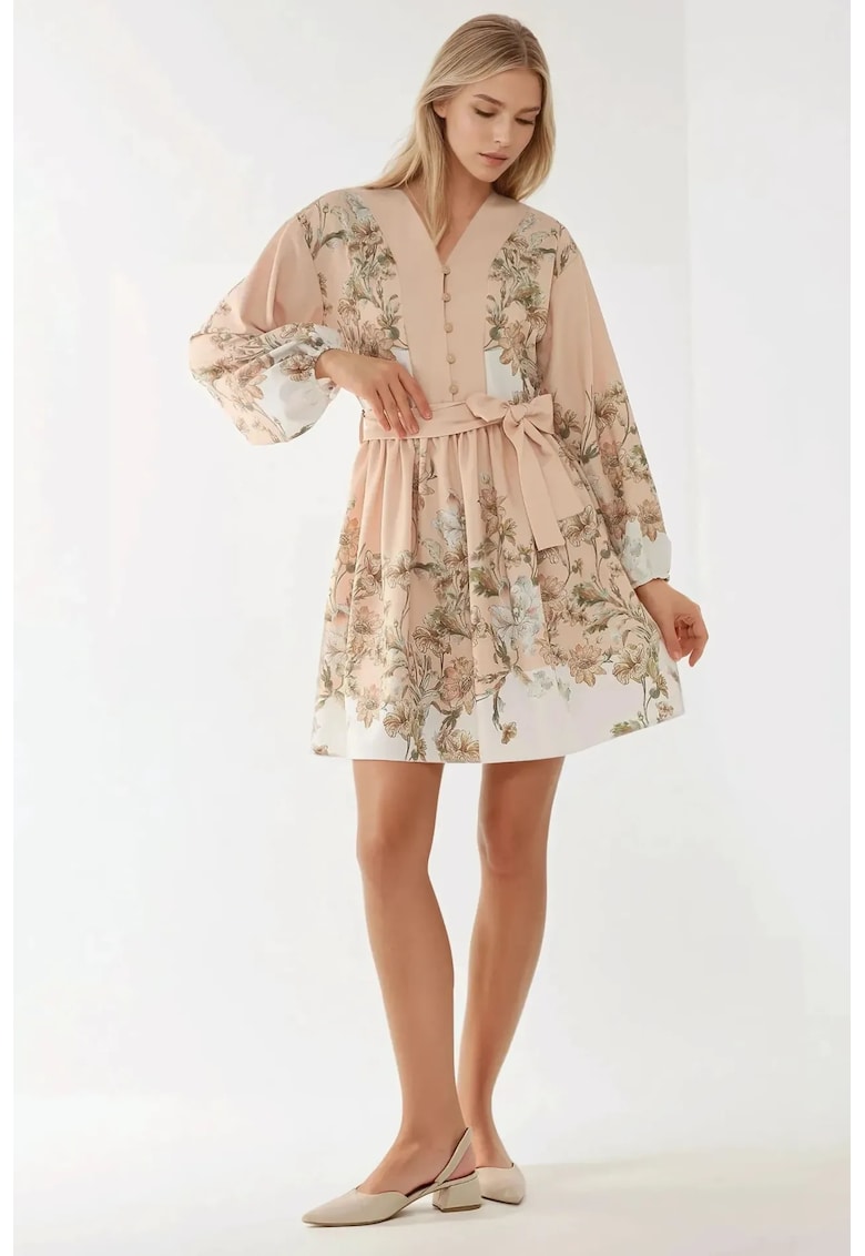 Rochie mini - decolteu in V - curea - roz - textil