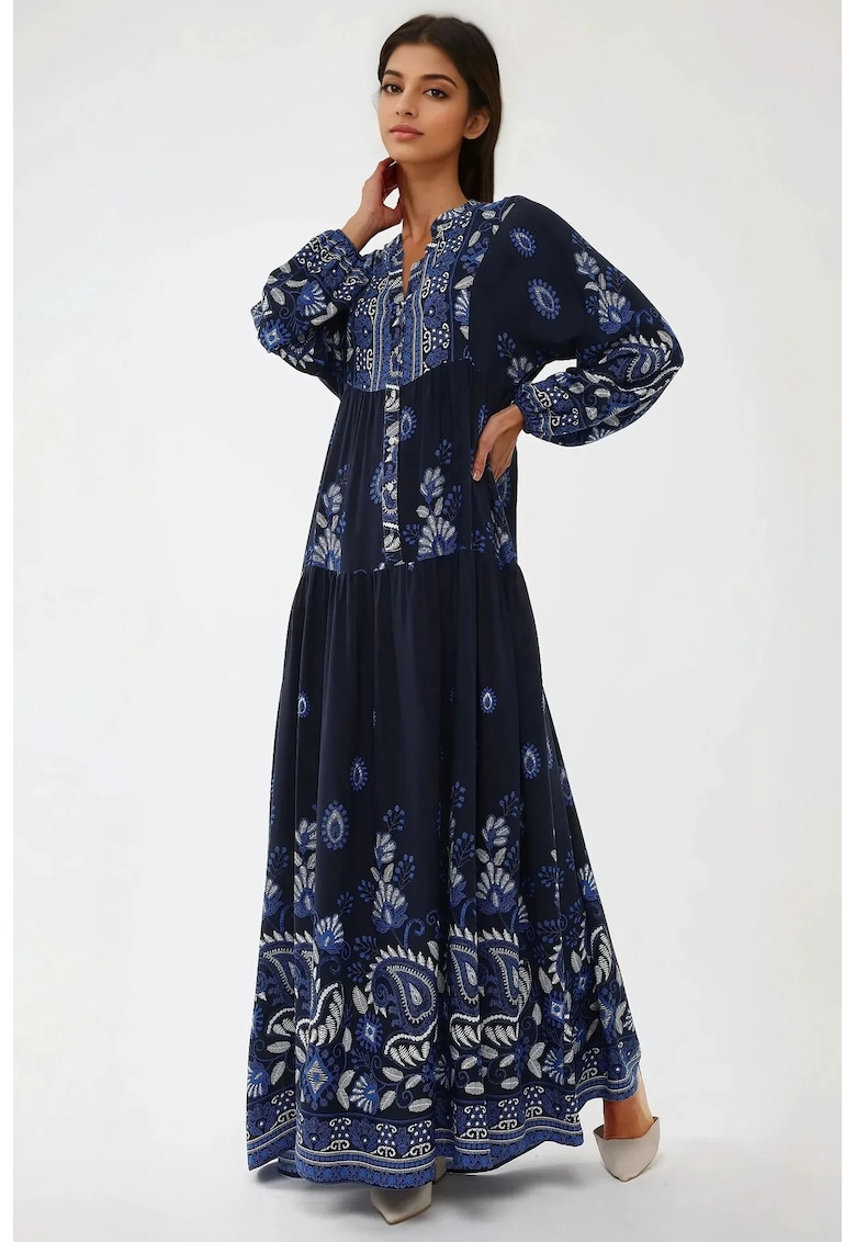 Rochie maxi - imprimeu - maneca lunga - albastra - viscoza