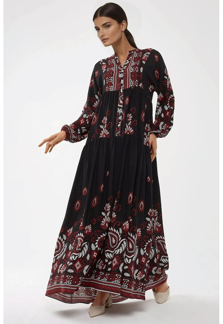 Rochie maxi - maneca lunga - imprimeu - negru/rosu - viscoza
