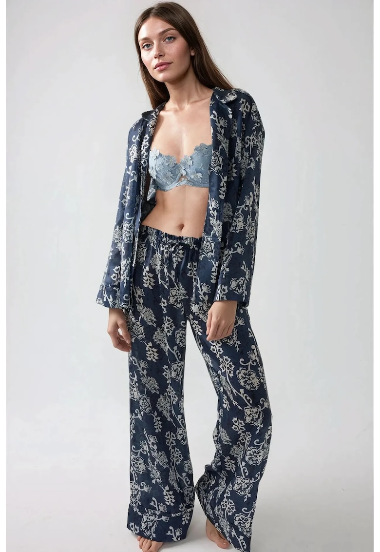 Set pijamale dama - satin imprimat - guler elegant - albastru