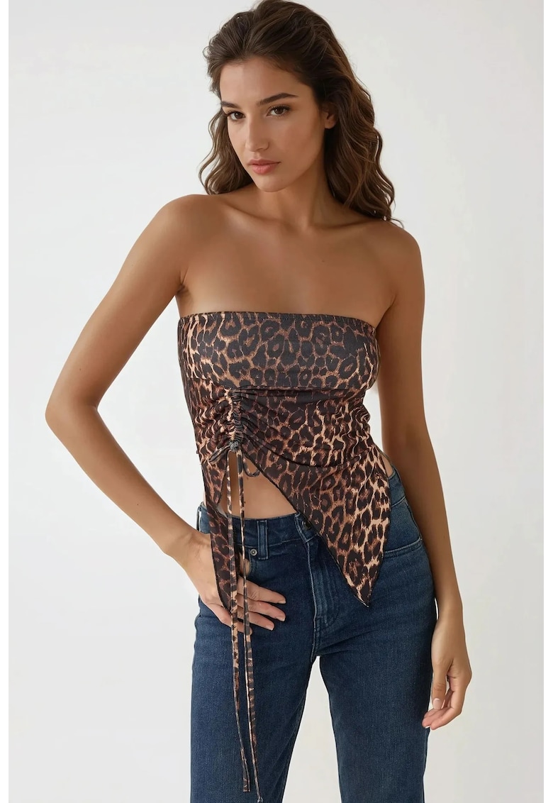 Top scurt - imprimeu leopard - fara bretele - multicolor - jerseu